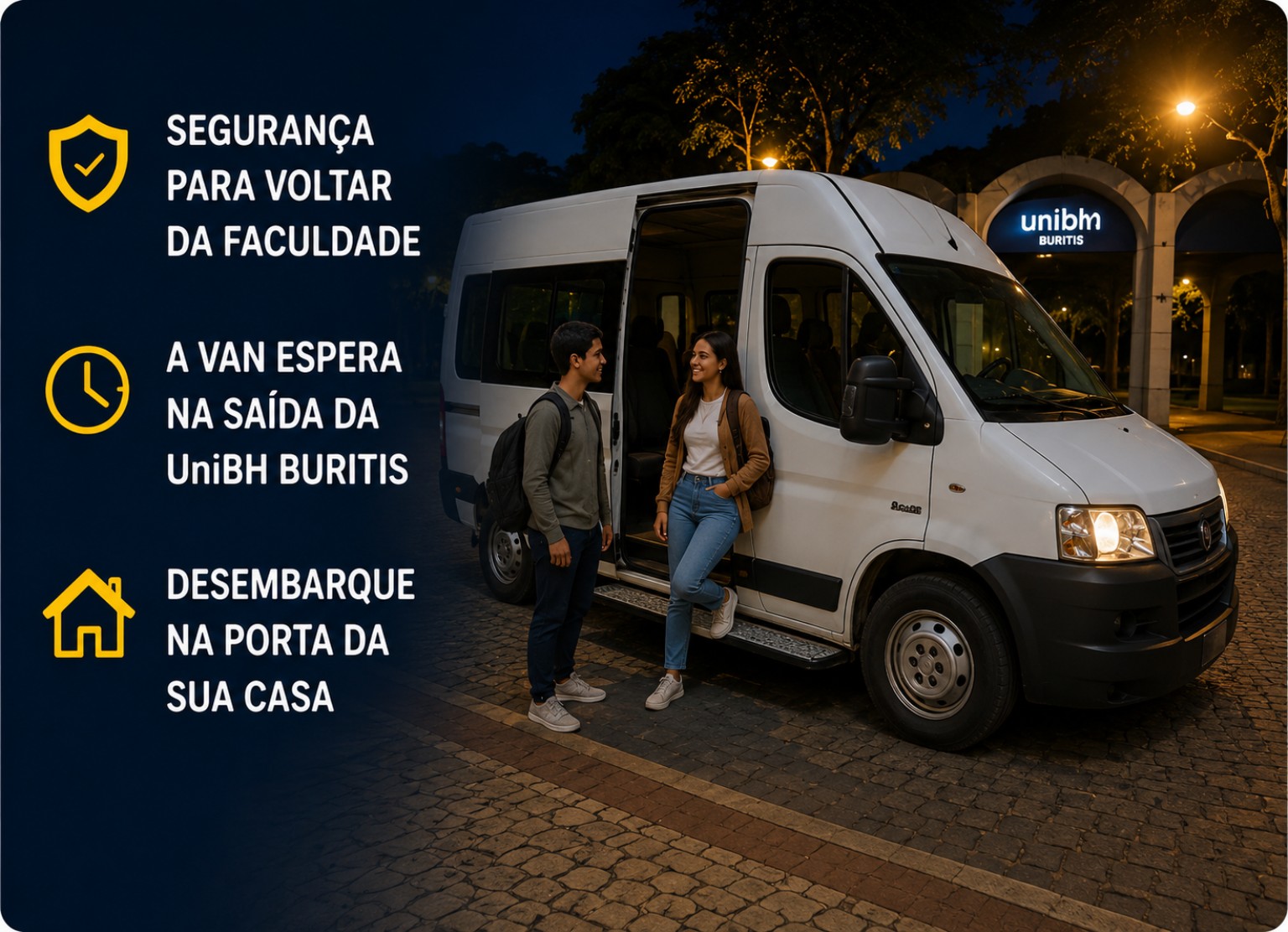 Alunos conversando ao lado da van à noite