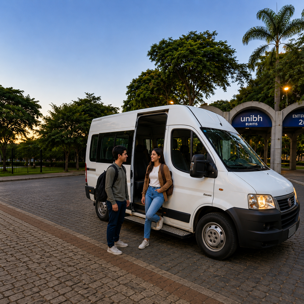 Alunos ao lado da van com a porta aberta em frente à UniBH Buritis